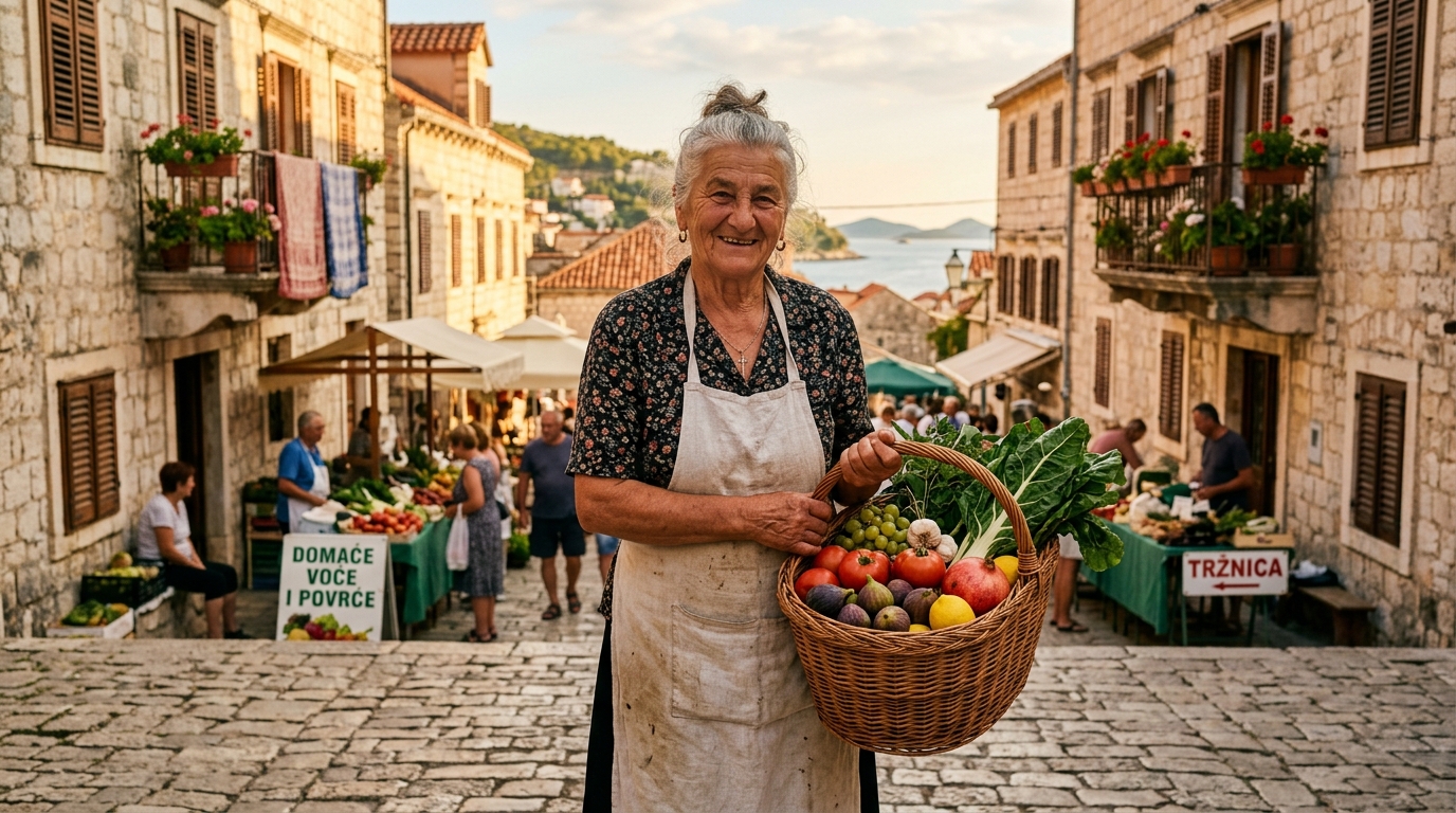 Žena na mediteranskoj tržnici u Hrvatskoj s košarom svježeg povrća