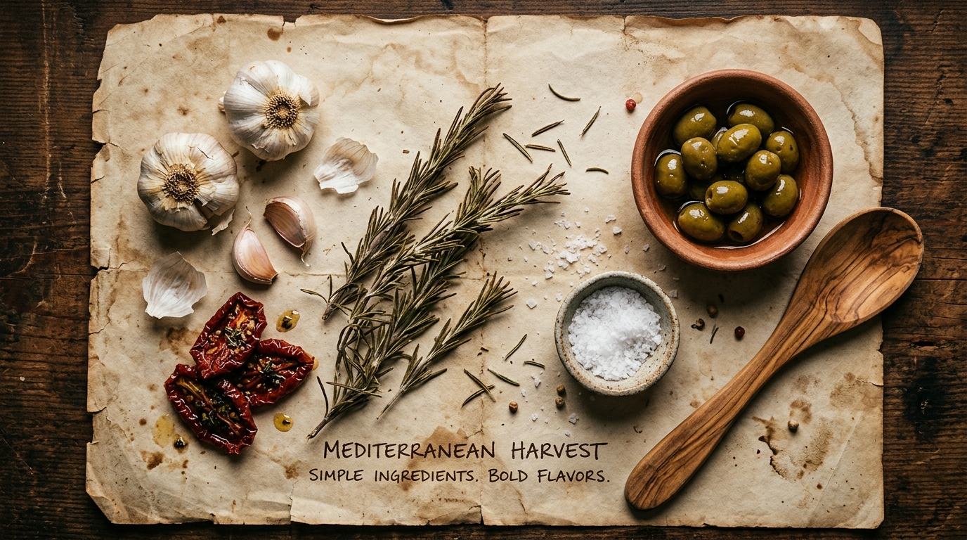 Mediteranski sastojci na starom papiru - maslinovo ulje, začini, masline